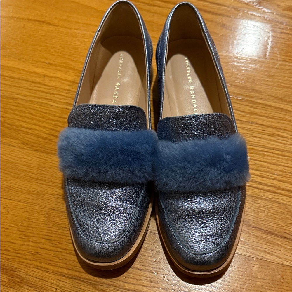 Loeffler Randall Metallic Blue Fur Loafers